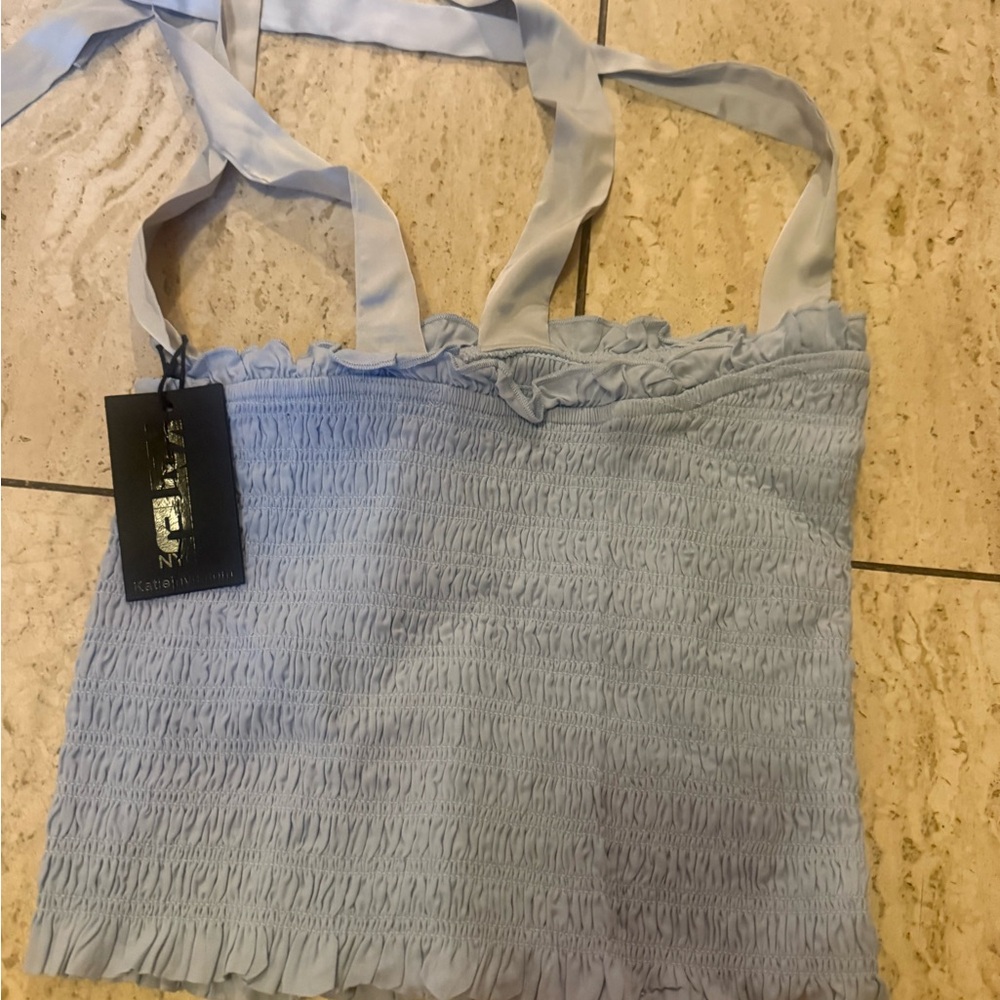 Katie J NYC Blue Smocked Ruffled Camisole